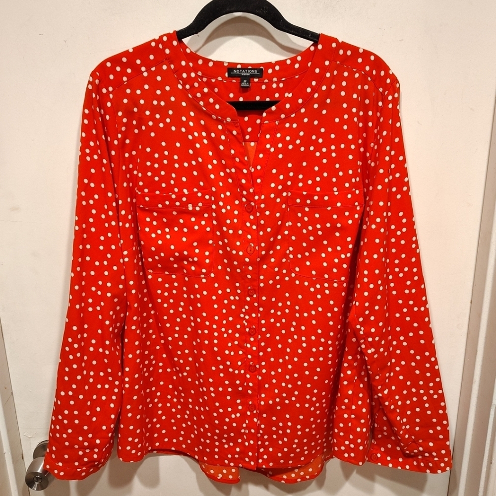 Notations Women's Red & White Polkadot Long Sleeve Top Sz 2X Career Casual